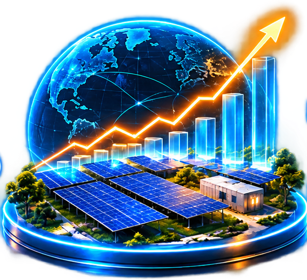 Utility-scale solar plant with a globe and investment growth chart