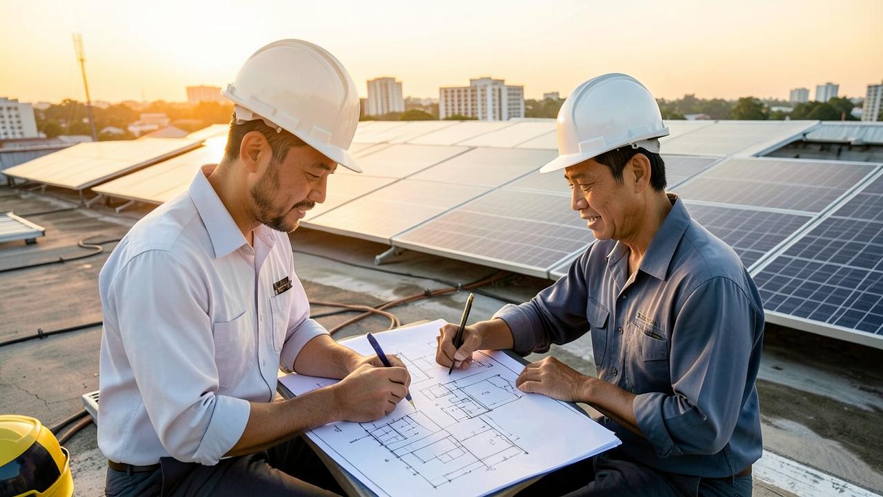 Solar engineers reviewing design drawings on a rooftop