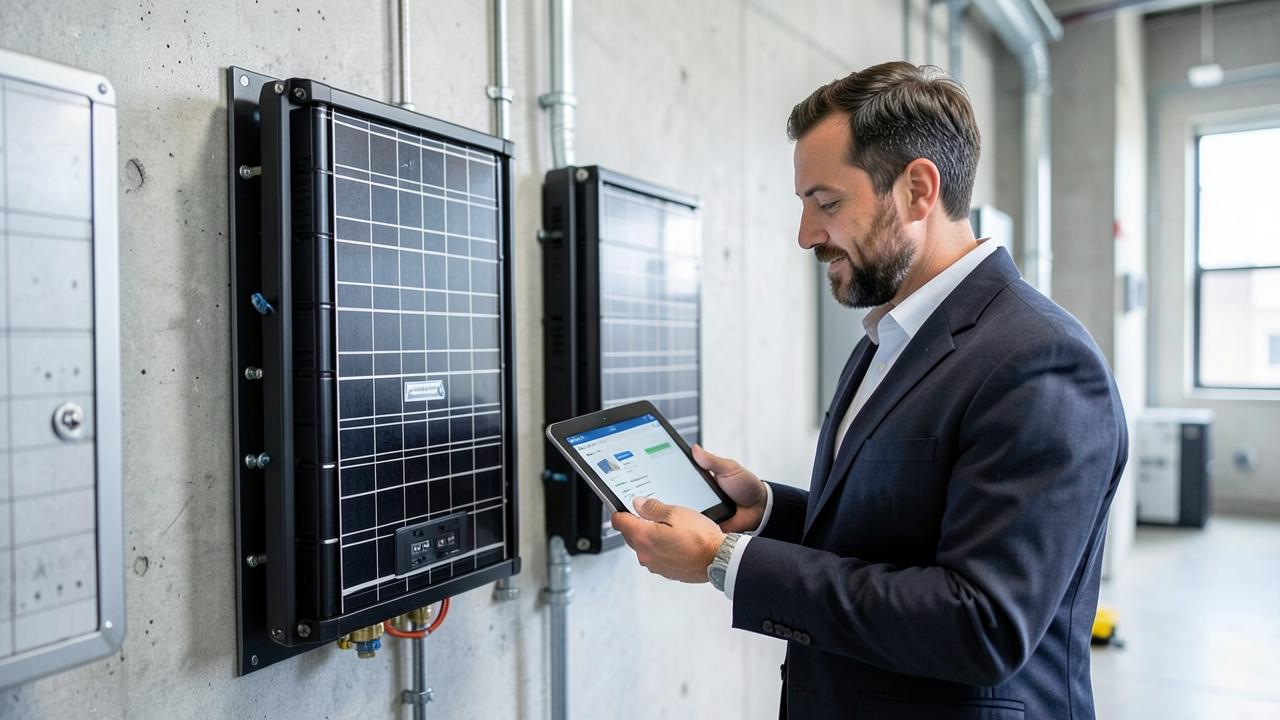 Technician reviewing a solar monitoring dashboard on a tablet