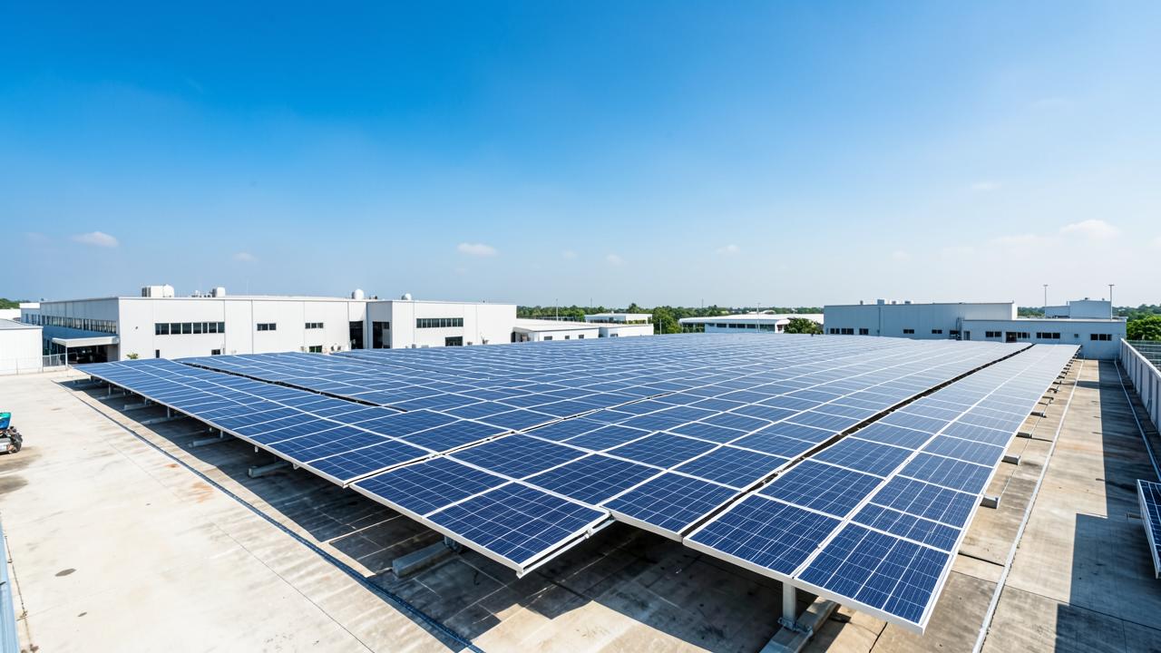 Commercial rooftop solar array on a Thai industrial building